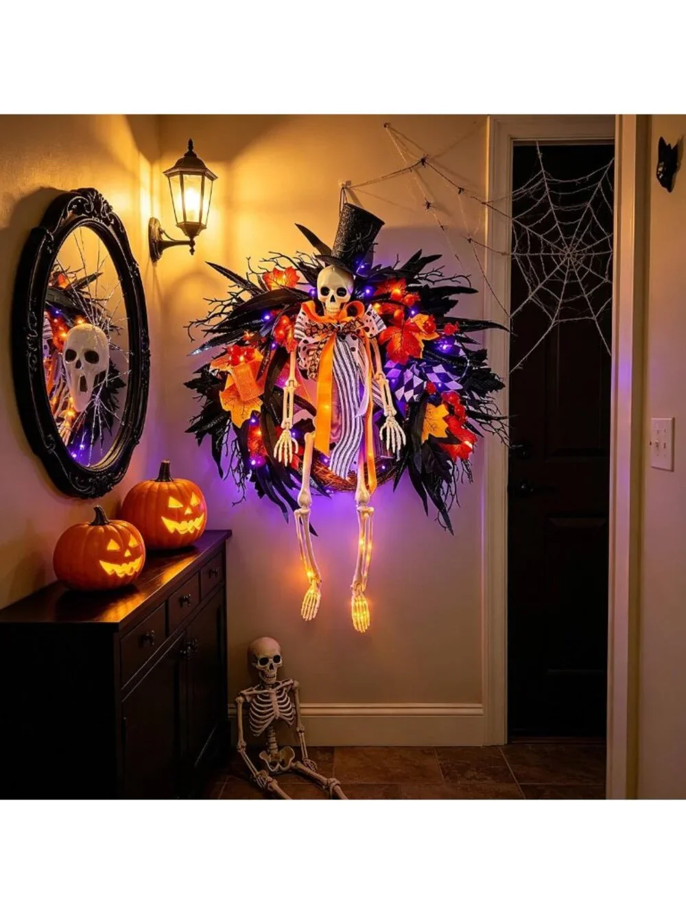 28-Inch Lighted Halloween Skeleton Wreath | Gothic Dark Aesthetic Door Decor